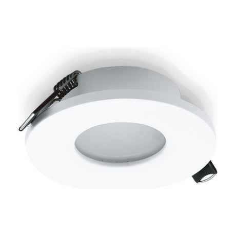 Atlantis Downlight with round matt white aluminium trim, GU10 lampholder fitted, 58mm cut-out, shown at an angle with connecting wires against a plain background.