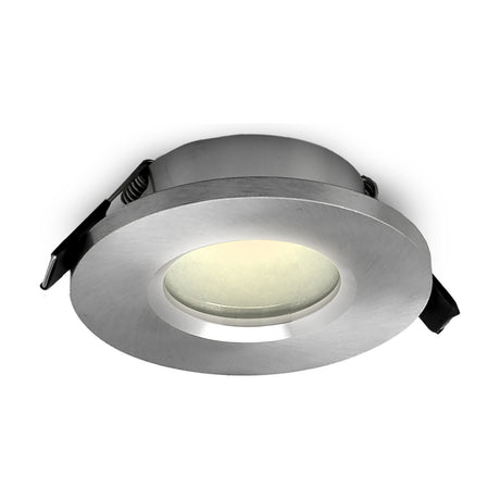 Atlantis round downlight with brushed aluminium trim and 58mm cut-out, GU10 lampholder fitted, shown lit against a plain white background.