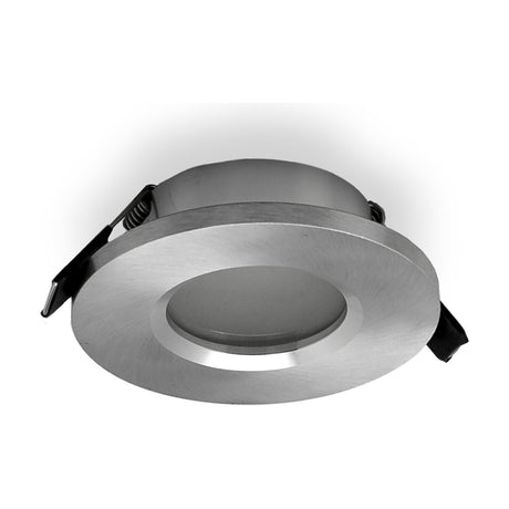 Atlantis round downlight with brushed aluminium trim and 58mm cut-out, shown at an angle with spring clips and GU10 lampholder visible against a plain white background.