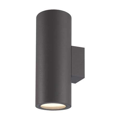 Volcano 2 Light IP54 Outdoor Wall Light in graphite, a tall cylindrical aluminium fixture with two light sources, wall-mounted bracket, and illuminated bottom lens, shown on a plain white background.