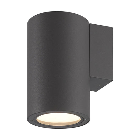 Volcano IP54 outdoor wall light in a graphite finish, cylindrical aluminium body with a round downward-facing glass diffuser and square wall mounting bracket, shown on a plain white background.