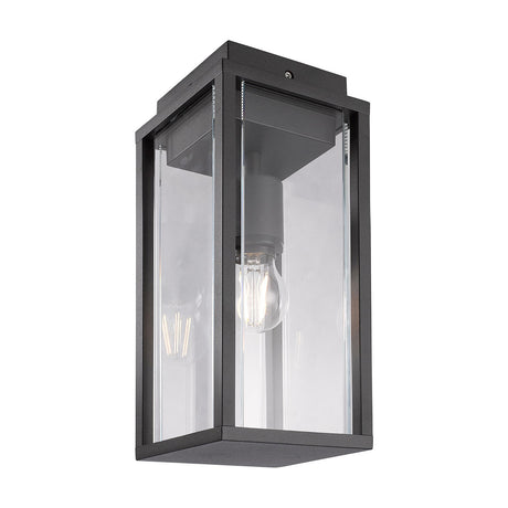 Meribel E27 IP54 post light in graphite, a square aluminium frame with clear glass panels housing a visible bulb, shown on a plain white background.