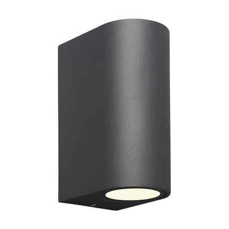 Kandanchu round outdoor wall light in anthracite aluminium, cylindrical body with two GU10 lamp apertures, shown on a plain white background.