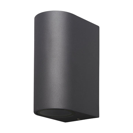 Kandanchu 2 Light Round Outdoor Wall Light in anthracite, curved aluminium body with lower glass-covered GU10 lamp aperture, shown on a plain white background.