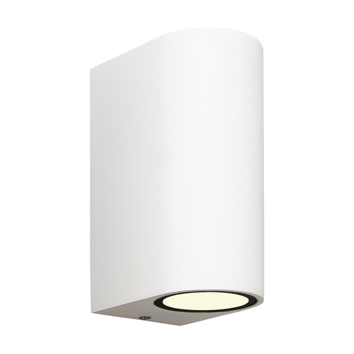 Kandanchu 2 Light Round Outdoor Wall Light in sand white, a compact curved aluminium body with a single bottom light aperture, shown on a plain white background.