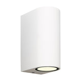Kandanchu 2 Light Round Outdoor Wall Light in sand white, a compact curved aluminium body with a single bottom light aperture, shown on a plain white background.