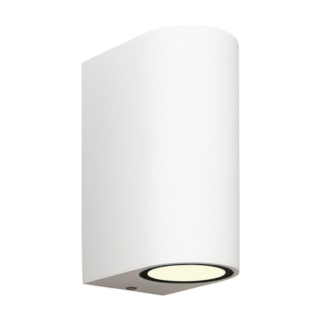 Kandanchu 2 Light Round Outdoor Wall Light in sand white, a compact curved aluminium body with a single bottom light aperture, shown on a plain white background.