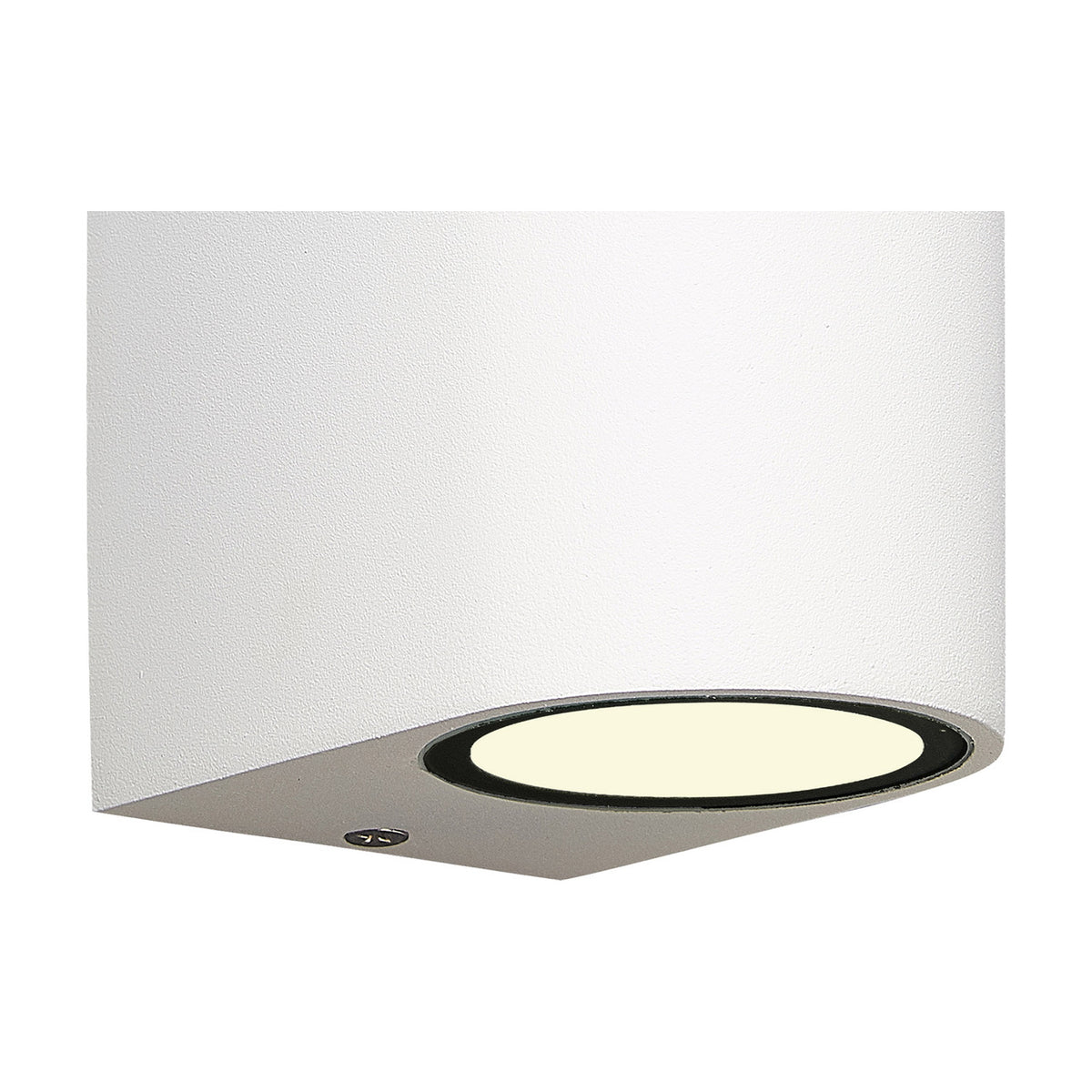 Kandanchu 2 Light Round Outdoor Wall Light in sand white aluminium, showing the angled underside light aperture, 15cm high, on a plain white background.