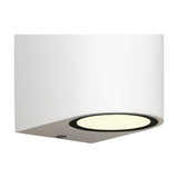 Kandanchu 2 Light Round Outdoor Wall Light in sand white aluminium, showing the angled underside light aperture, 15cm high, on a plain white background.