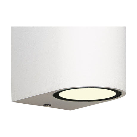 Kandanchu 2 Light Round Outdoor Wall Light in sand white aluminium, showing the angled underside light aperture, 15cm high, on a plain white background.