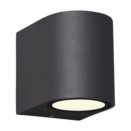 Kandanchu Round Outdoor Wall Light in anthracite, a compact cylindrical aluminium fixture with a single GU10 downlight visible at the base, shown on a plain white background.