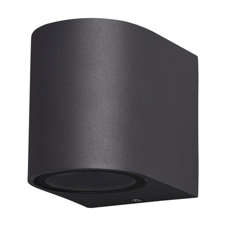 Kandanchu Round Outdoor Wall Light in anthracite, a compact cylindrical aluminium fixture with a downward-facing GU10 lens, shown on a plain white background.