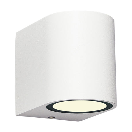 Kandanchu Round Outdoor Wall Light in sand white aluminium with a curved shade and single round downlight aperture, shown on a plain white background.