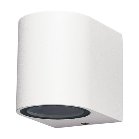 Kandanchu Round Outdoor Wall Light in sand white aluminium with a curved cylindrical body and small circular glass lens for a single GU10 LED, shown on a plain white background.