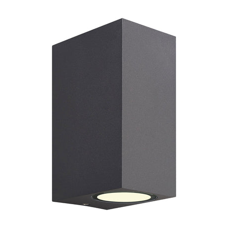 Kandanchu 2 Light IP54 outdoor wall light in anthracite, a compact rectangular aluminium fixture with a downward-facing GU10 lamp, shown on a plain white background.