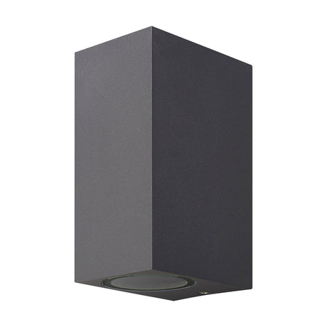 Kandanchu 2 Light IP54 outdoor wall light in anthracite, a rectangular aluminium block with a GU10 lamp visible on the underside, shown against a plain white background.