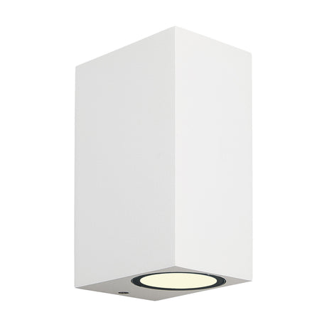 Kandanchu 2 Light IP54 Outdoor Wall Light in sand white, tall square aluminium body with a round downward-facing GU10 lamp aperture, shown on a plain white background.