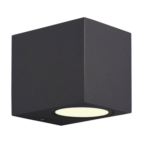 Kandanchu IP54 outdoor wall light, cube-shaped in anthracite aluminium with a round downward-facing glass lens for a single GU10 lamp, shown on a plain white background.