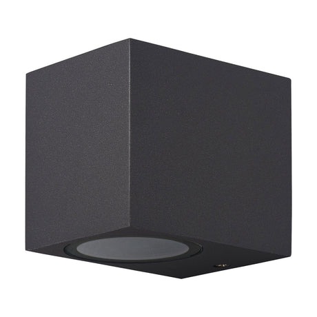 Kandanchu IP54 outdoor wall light in anthracite, cube-shaped aluminium body with a round glass-covered GU10 lamp face, shown on a plain white background.