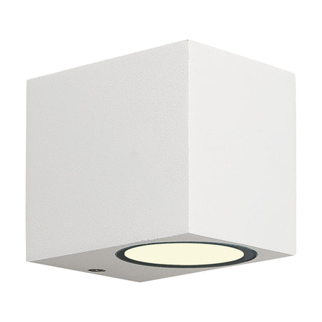 Kandanchu IP54 outdoor wall light in sand white, cube-shaped aluminium body with a single round GU10 light source on the underside, shown on a plain white background.