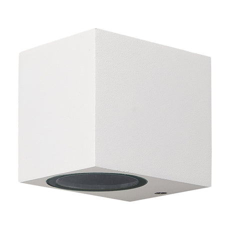 Kandanchu IP54 outdoor wall light in sand white, a compact square aluminium fixture with a single GU10 lamp behind a small round front opening, shown on a plain background.
