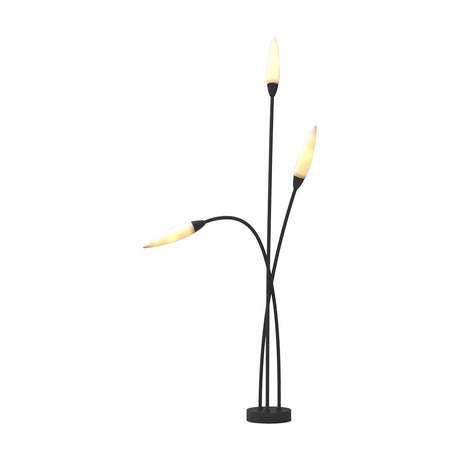 Espiga 3 Light G9 IP65 Post Light in anthracite, with three curved slim arms holding elongated opal white shades on a round black base, shown on a plain white background.