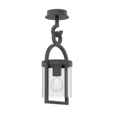 Maya E27 semi-flush ceiling light in anthracite, featuring a decorative looped metal arm, cylindrical clear glass shade, and visible E27 bulb, shown on a plain white background.