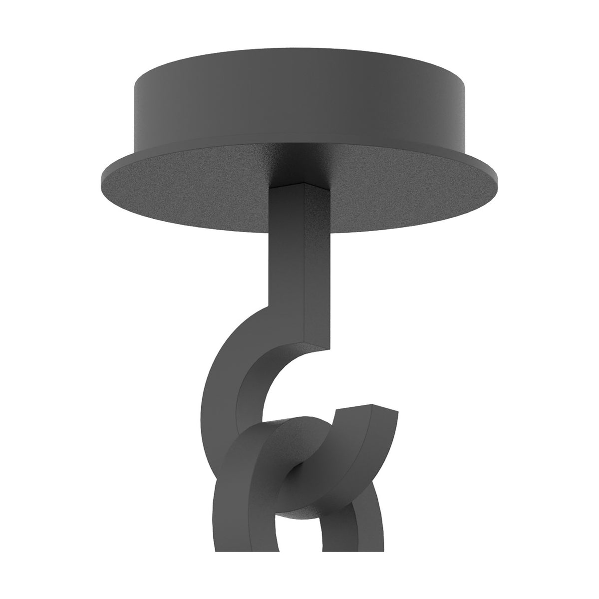 Maya E27 ceiling light in anthracite, close-up of the round flush mount and sculptural interlocking arm detail against a plain white background.