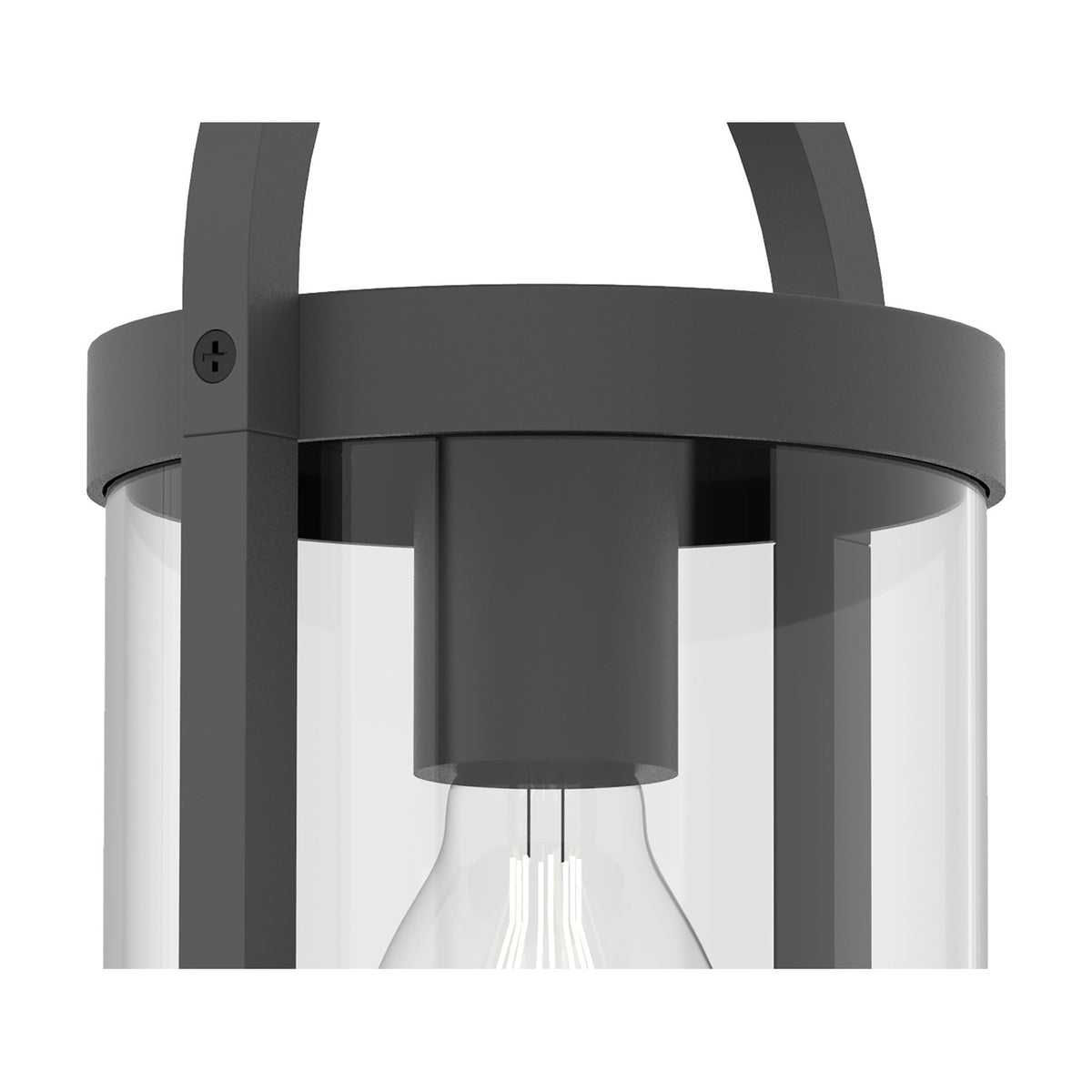 Close-up of the Maya E27 ceiling light in anthracite, showing the cylindrical clear glass shade, matt charcoal frame, and E27 bulb holder against a white background.