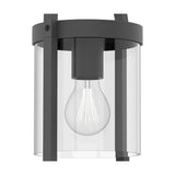 Maya E27 ceiling light in anthracite, a cylindrical fixture with a clear glass shade and visible bulb, framed by slim vertical bars, shown on a plain white background.