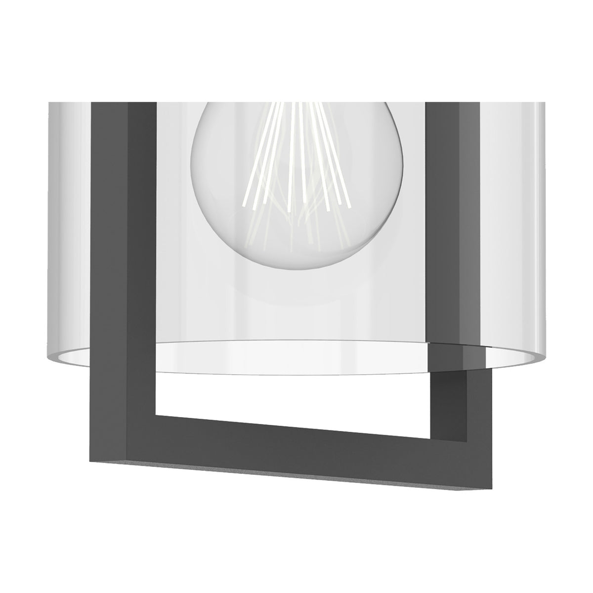 Close-up of the Maya E27 ceiling light showing the clear cylindrical glass shade, anthracite square frame bracket, and exposed globe bulb with visible filaments, on a plain white background.