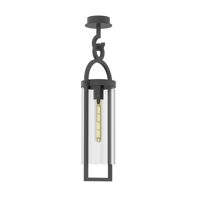 Maya E27 ceiling light with a slim anthracite frame and cylindrical clear glass shade, curved decorative hook mount and ceiling rose, shown on a plain white background.