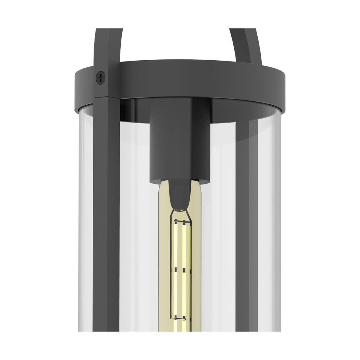 Close-up of the Maya E27 ceiling light in anthracite, showing the cylindrical clear glass shade, black metal frame and mounting bracket with an exposed tubular bulb, on a plain white background.
