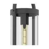 Close-up of the Maya E27 ceiling light in anthracite, showing the cylindrical clear glass shade, black metal frame and mounting bracket with an exposed tubular bulb, on a plain white background.