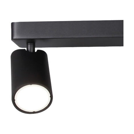 Close-up of the Sal 3 Light GU10 Linear Spotlight in matt black, showing one cylindrical head with adjustable joint mounted on the slender ceiling bar, set against a plain white background.