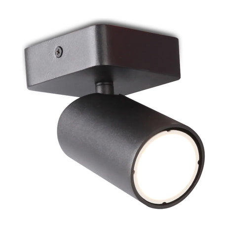 Sal GU10 Spotlight, an 80mm matt black single-head fixture with a square ceiling base and adjustable cylindrical light head, shown on a plain white background.