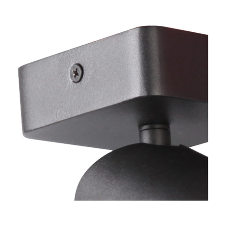 Close-up of the Sal GU10 Spotlight 80mm in matt black, showing the square mounting base with a Phillips screw and the ball-jointed head, against a white background.