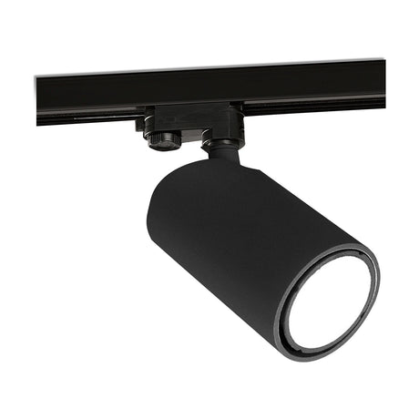 Sal Track Light 58mm in matt black, a cylindrical GU10 spotlight head mounted on a three-circuit track, shown at an angle against a plain white background.