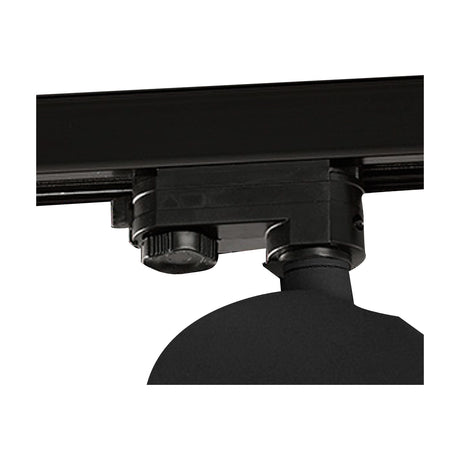 Close-up of the Sal Track Light 58mm in matt black, showing the cylindrical GU10 spotlight head and adjuster mounted on a three-circuit track rail.