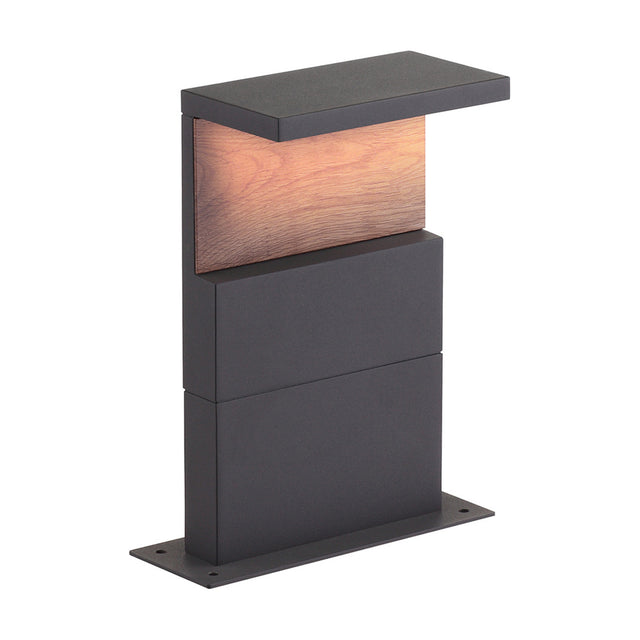 Ruka Floor Lamp, a low bollard-style fixture in anthracite aluminium with a walnut wood panel and flat overhanging top shade, shown on a plain white background.