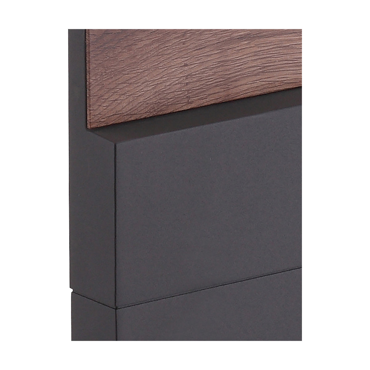 Close-up of the Ruka Floor Lamp's anthracite base and walnut wood top edge, showing the join between matte metal body and textured wood panel.