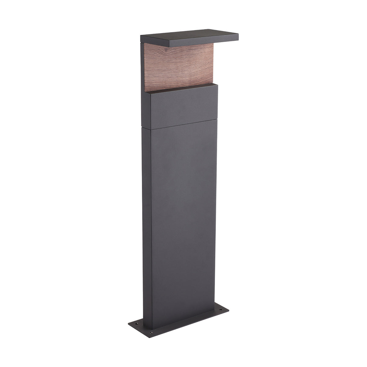 Ruka Floor Lamp, a slim 60cm anthracite bollard-style light with a walnut wood panel and flat rectangular top shade, shown on a plain white background.
