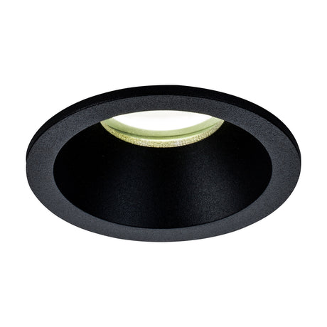 Comfort IP54 round recessed downlight in matt black aluminium, deep angled reflector with GU10 lampholder fitted, 75mm cut-out, 85mm trim, on white background.