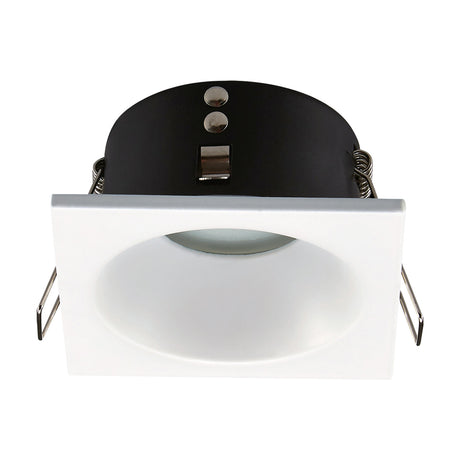Comfort IP54 square downlight in matt white aluminium with an 85mm face and 75mm cut-out, shown with GU10 lamp holder and spring clips, on a plain white background.
