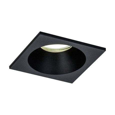 Matt black square IP54 downlight with recessed conical aperture, 85mm trim and 75mm cut-out, GU10 lampholder fitted, shown on a plain white background.
