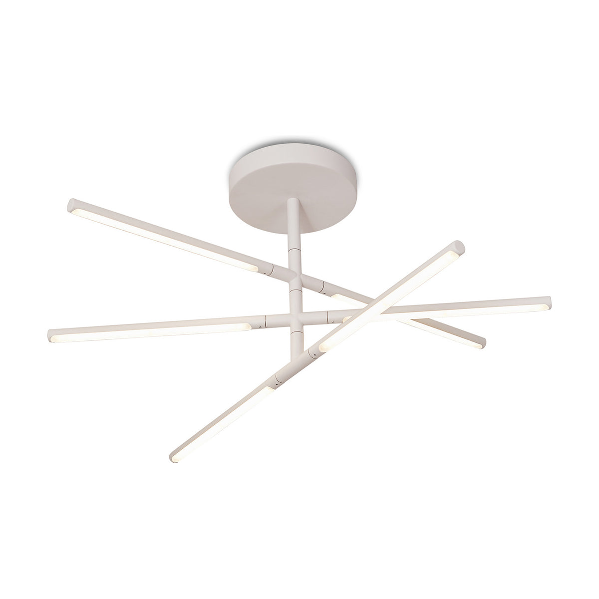 Torch Semi Flush Ceiling Light 73cm in sand white, with five slim LED bars in a crossed, star-like arrangement mounted close to a round ceiling plate, shown on a plain white background.
