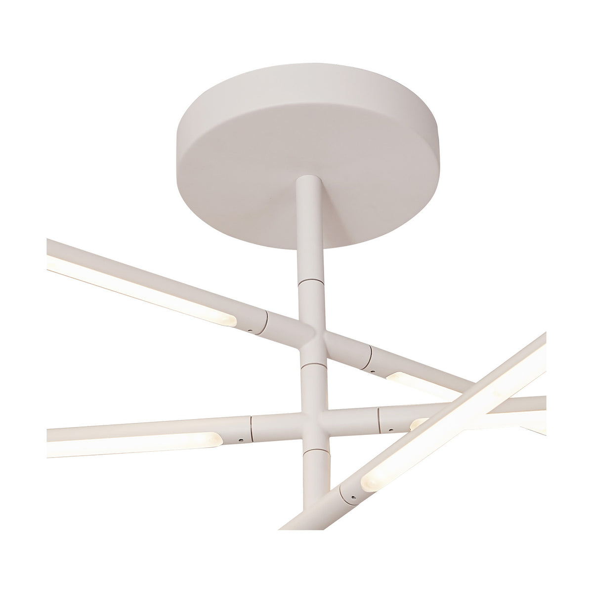 Torch Semi Flush Ceiling Light 73cm in sand white, close-up of the round ceiling plate and multiple angled LED arms with integrated warm white light strips, shown on a plain white background.
