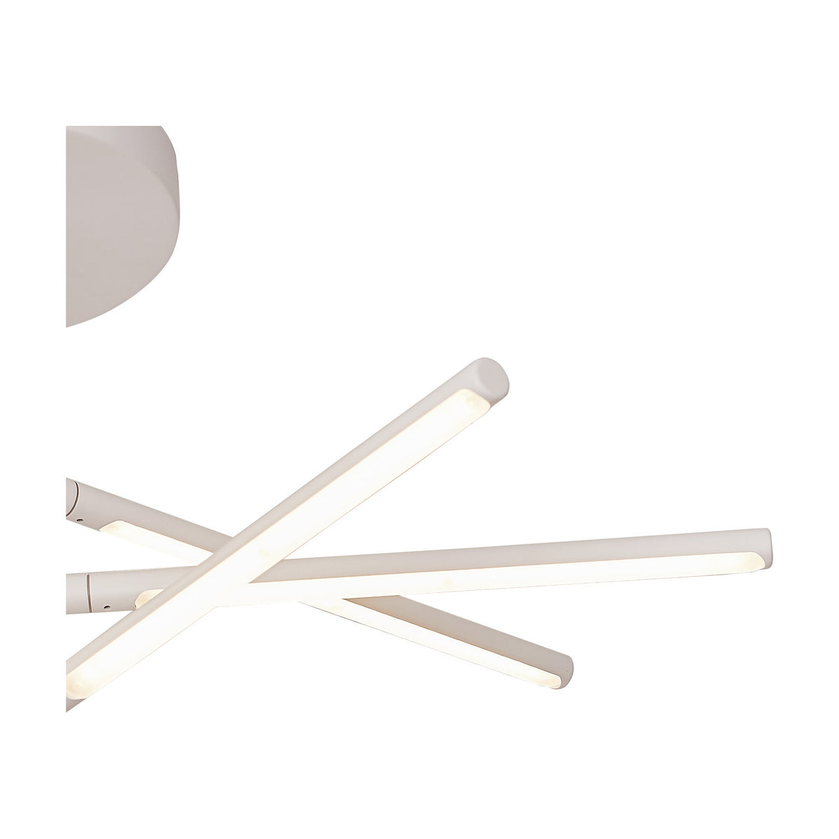 Torch Semi Flush Ceiling Light 73cm in sand white, showing crisscrossed linear LED arms with illuminated warm white diffusers against a plain white background.