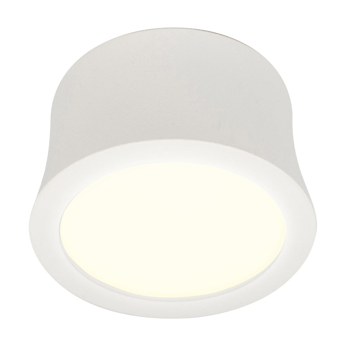 Gower Spotlight, a compact round surface ceiling light in sand white aluminium with an integrated 7W warm white LED, shown against a plain white background.