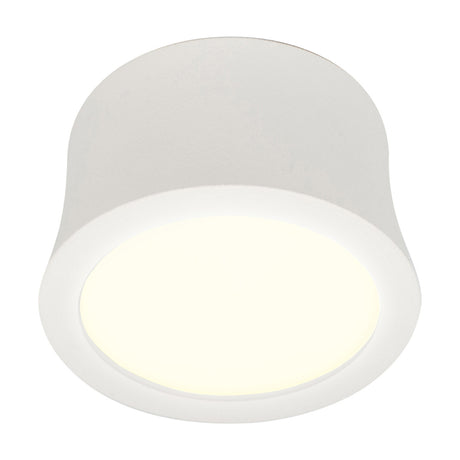 Gower Spotlight, a compact round surface ceiling light in sand white aluminium with an integrated 7W warm white LED, shown against a plain white background.